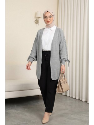 Moda Morfo Kolu Saç Örgülü Salaş Triko Hırka -Gri