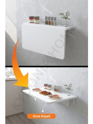 Kydonia Home 4 Köşesi Oval Beyaz Sabit Raflı Duvara Monte Kırma Katlanır Yemek Masası