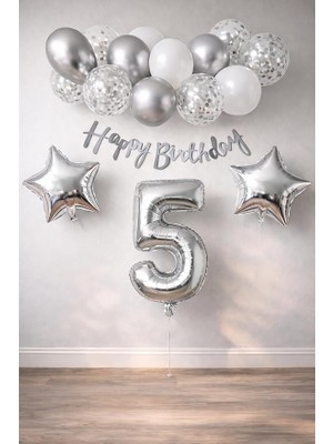 Konsept Dogum Gunu Kutlama Seti Beyaz Gumus Konfetili Balon Rakam Yıldız Folyo ve Banner (5 Yaş)