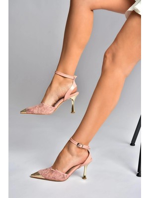 Fox Shoes Y752093806 Pudra Dantel Ince Galveniz Topuklu Kadın Ayakkabı
