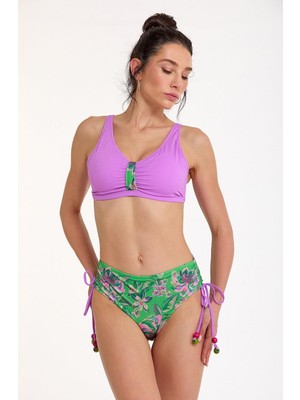 Argento 1196-3014 Yeşil Pembe Çiçekli Boncuklu Toparlayıcı Yüksek Bel Bikini Takım