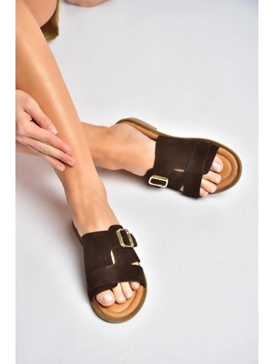 Fox Shoes Y944791002 Kahverengi Hakiki Deri Süet Kadın Terlik