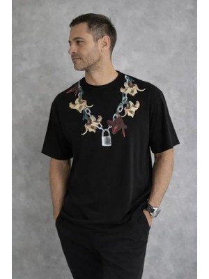Erkek Baskılı T-Shirt Kısa Kol Bisiklet Yaka Regular Fit Rahat Kalıp Günlük Tişört - Siyah