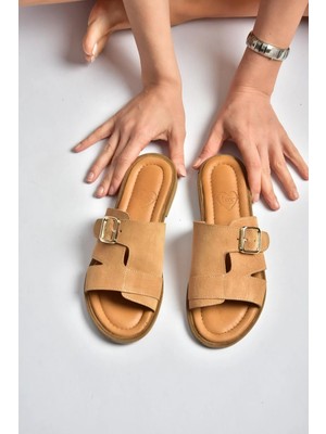 Fox Shoes Y944791002 Taba Hakiki Deri Süet Kadın Terlik