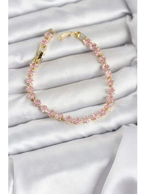 Durukar® Pembe Kare Zirkon Taşlı Gold Renk Pirinç Su Yolu Kadın Bileklik