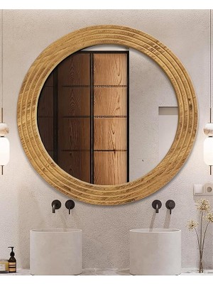 Ahşap Dekoratif Ayna Yuvarlak Ayna Duvar Aynası Banyo Lavabo Aynası (Medium)