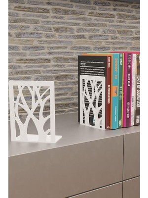 FourForce Ağaç Desenli Beyaz Metal Kitap Tutucu, Metal Kitap Desteği, (Ikili Set) MK8B