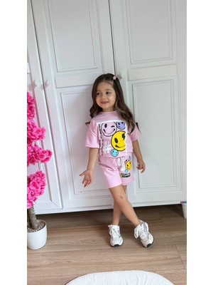 Super Baby Kids Kız Çocuk Smiley Desenli Şortlu Takım - Alt Iki Iplik Üst Süprem Pamuklu Set