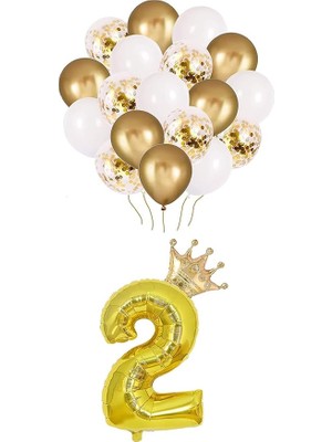 FourForce Rakam Gold Folyo Balon, Kral Tacı ve Konfetili Gold Balon