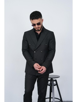 Dupont Slim Fit Erkek Sivri Yaka Çizgili Kruvaze Takım Elbise