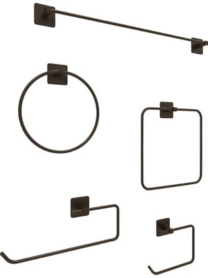 FourForce Banyo Yapışkanlı Aksesuar Seti Havluluk T.kağıtlık ve Peçetelik Kare Siyah 5 Li Set