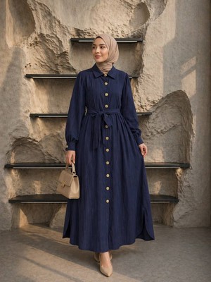 Esra Butik Nubuk Cupra Kumaş Gold Düğmeli Kuşaklı Tesettür Gömlek Elbise