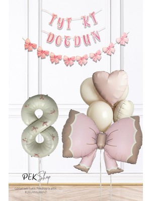 Pekshop Retro Pembe Fiyonk Tema Pembe Fiyonk Kurdeleli Lüks Doğum Günü Balon Seti