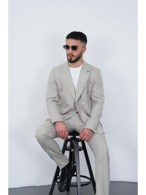 Dupont Slim Fit Erkek Sivri Yaka Çizgili Kruvaze Takım Elbise