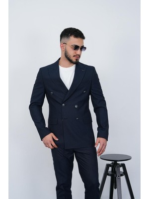 Dupont Slim Fit Erkek Sivri Yaka Çizgili Kruvaze Takım Elbise
