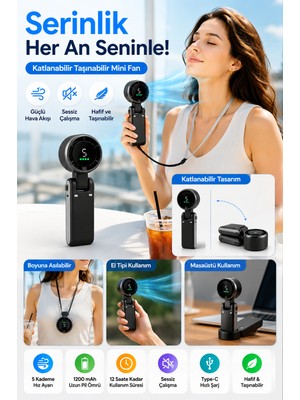 Open City Siyah Taşınabilir Mini Fan Katlanabilir Boyuna Asılabilir USB Şarjlı Sessiz El Tipi Vantilatör