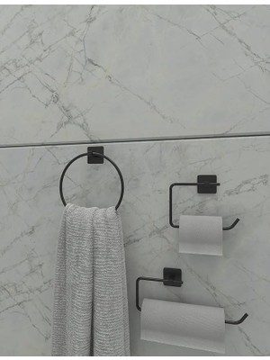 FourForce Banyo Yapışkanlı Siyah Kare Topuz Havluluk ve Kare Tuvalet Kağıtlık Kare Peçetelik Seti Düzenleyici