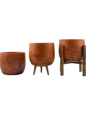 FourForce Tasarımı Ev Dekorasyon Aksesuar Siyah Nokta Desenli Toprak Saksı Saksılık Salon Çiçeklik Üçlü Set - 19 cm