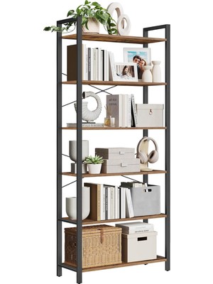 FourForce Kitaplık, 6 Katlı Raf, Çelik Çerçeveli Yüksek Rustik Raf, Oturma Odası, Ofis, Çalışma Odası, Koridor, Endüstriyel Tarz, 80 x 30 x 186 Cm, Rustik Kahverengi ve Siyah LLS082B01