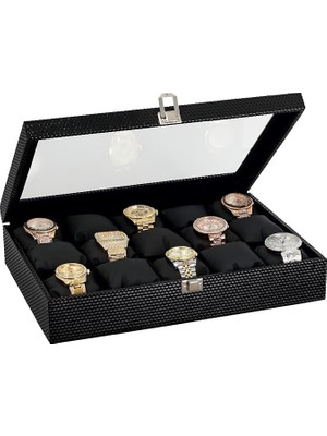 FourForce 15 Li Diamond Siyah Deri Ahşap Camlı Saat Kutusu ST15-24