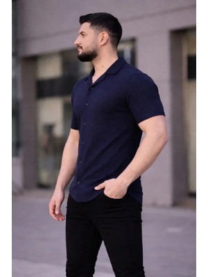 Erkek Waffle Kumaş Kısa Kollu Düğmeli Açık Yaka Regular Fit Gömlek - Lacivert