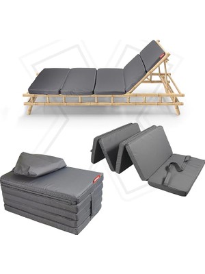 FourForce Katlanır Şezlong Minderi Fermuarlı Çantalı Cepli Foldpack 30X60 cm (Antrasit, 30X60X35 Cm)