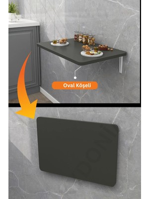 Kydonia Home 4 Köşesi Oval Antrasit Gri Duvara Monte  Kırma Katlanır Yemek Mutfak Masası