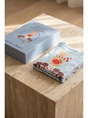 Katia & Bony Kadın Sweet Dreams Kutulu Geyik Desenli Yılbaşı Pijama Takımı Mavi