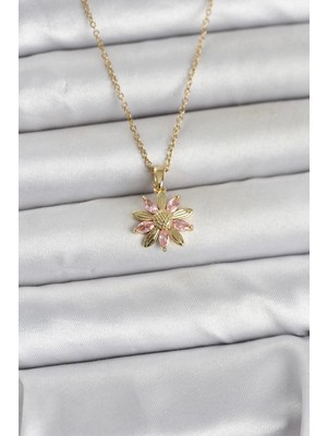 Durukar® 316L Çelik Zincir Gold Renk Pembe Papatya Model Kadın Kolye