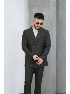Dupont Slim Fit Erkek Sivri Yaka Çizgili Kruvaze Takım Elbise