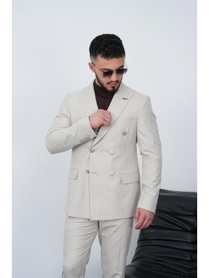 Dupont Slim Fit Erkek Sivri Yaka Çizgili Kruvaze Takım Elbise