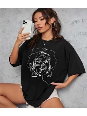 Nigrum Pardus Nıgrum Pardus Yeni Sezon Silüet Baskılı %100 Pamuk Kadın Büyük Beden T-Shirt