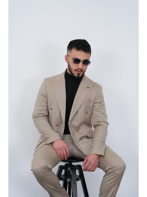 Dupont Slim Fit Erkek Sivri Yaka Çizgili Kruvaze Takım Elbise