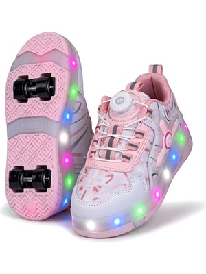 Ayakkabı Fuarı Elit EYL034 Kız Çocuk Rgb LED Işıklı Çıkarılabilir Tekerlekli Paten Ayakkabı Pudra