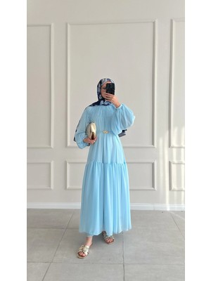 Miraydin Butik Kat Kat Büzgülü Kemer Detaylı Şifon Elbise - Bebe Mavisi