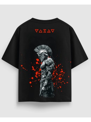 Oversize Unisex Siyah Tişört – Spartan Savaşçı Baskı, %100 Pamuk Streetwear Tasarım