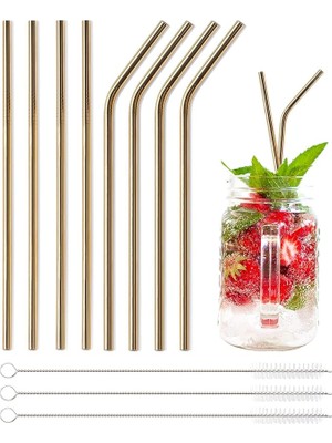 FourForce Home 6'lı Paslanmaz Çelik Pipet + 3 Adet Temizleme Fırçası Gold