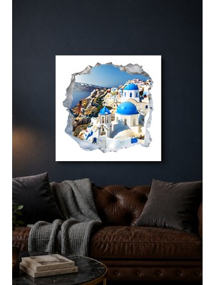 Lucena 3D Santorini Manzarası Metal Tablo Yunanistan Temalı Dekoratif Duvar Tablosu