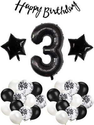 FourForce Konsept 3 Yaş Doğum Günü Kutlama Seti; Beyaz Siyah Konfetili Balon, Rakam Yıldız Folyo ve Banner
