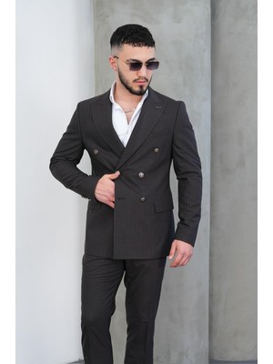Dupont Slim Fit Erkek Sivri Yaka Çizgili Kruvaze Takım Elbise