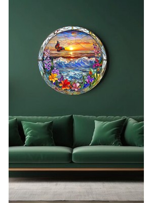 Lucena Kelebekli Deniz Gün Batımı Mdf Tablo Vitray Çiçekli Modern Duvar Dekoru