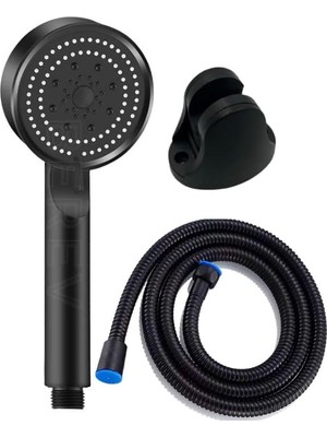 FourForce 5 Fonksiyonlu Yüksek Basınçlı Duş Başlığı Mafsalı 150 cm Hortum Siyah Duş Seti
