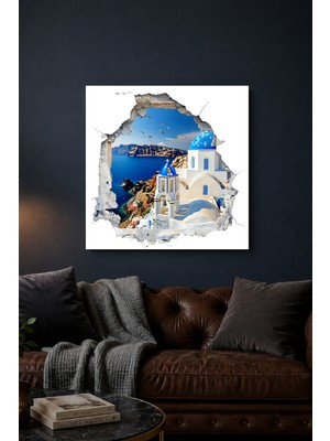 Lucena 3D Santorini Deniz Manzarası Metal Tablo Yunanistan Temalı Duvar Dekoru