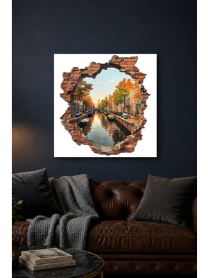 Lucena 3D Amsterdam Kanalı Metal Tablo Sonbahar Şehir Manzaralı Dekoratif Duvar Tablosu