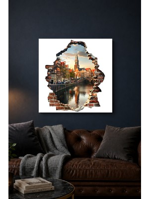 Lucena 3D Amsterdam Kanal Manzarası Metal Tablo Şehir Temalı Dekoratif Duvar Tablosu