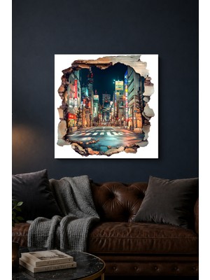 Lucena 3D Tokyo Gece Manzarası Metal Tablo Neon Şehir Temalı Dekoratif Duvar Tablosu