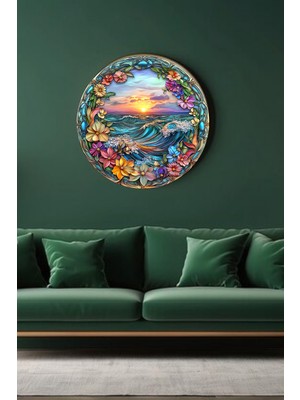 Lucena Vitray Çiçek Deniz Gün Batımı Mdf Tablo Dekoratif Modern Duvar Süsü