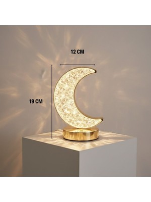Hereveoyuncak Hilal Ay Model Kristal LED Masa Lambası – Dokunmatik, 3 Renk Işık Modlu, Şarjlı Mini Dekoratif Gece Lammbası