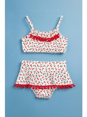 Perendi Kirazlı Baskılı Etekli Kız Çocuk Bikini Takım