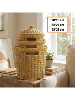 Ozcmax 3’lü Iç Içe Geçebilen Büyük Plastik Rattan Hasır Sepet Seti-Dayanıklı Çok Amaçlı Ev,banyo ve Mutfak Düzenleyicii